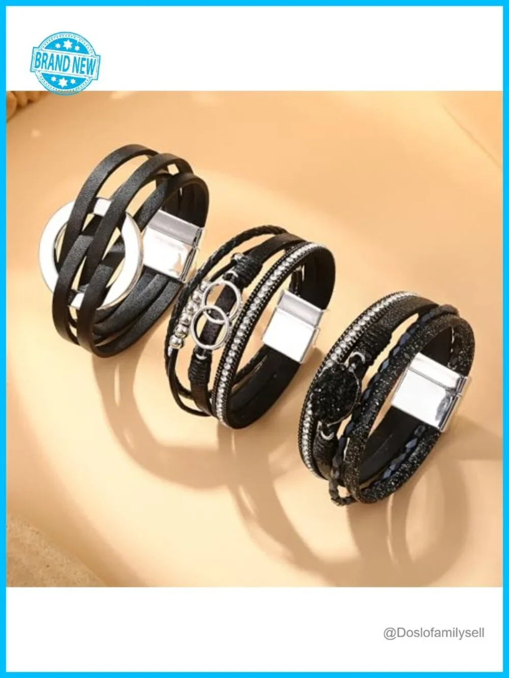 Set of 3 Leather Wrap Bracelets Boho Beaded Cuff Bracelets